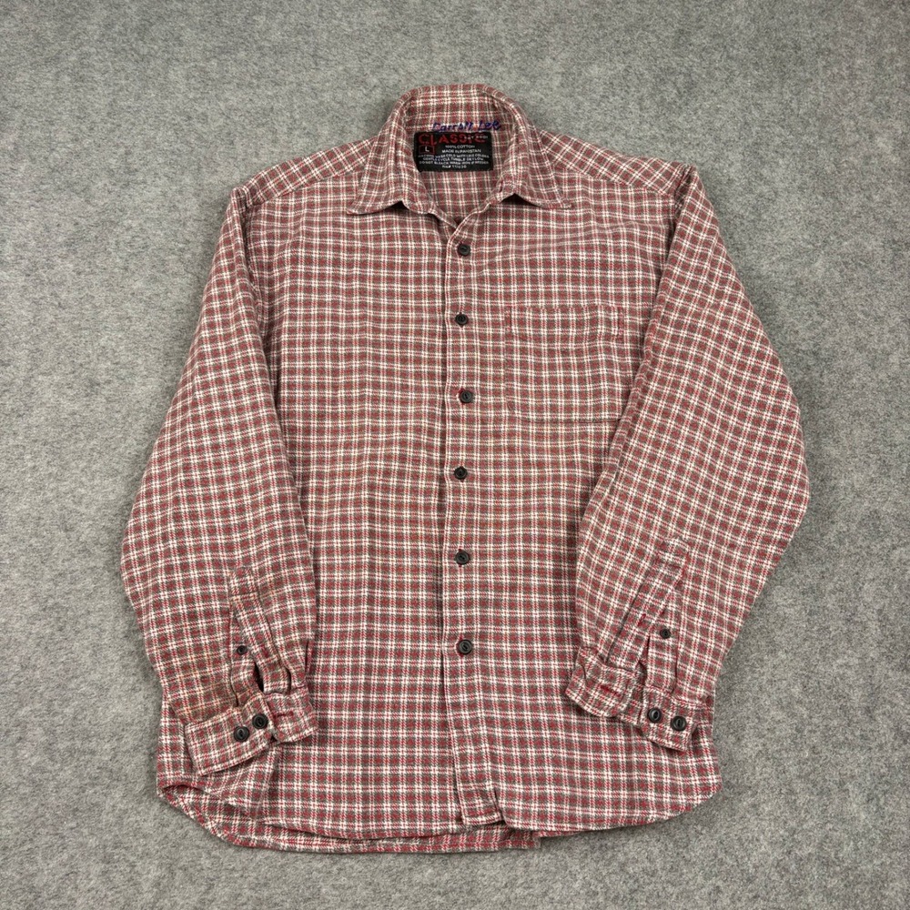 Classic Est 2001 Flannel Shirt Mens L Red White Plaid Button Down Cotton